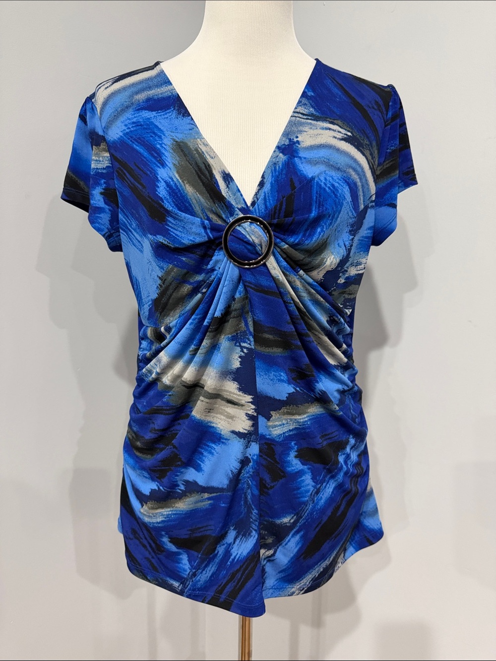 Apt. 9 Blue Abstract V-Neck Ring-Front Short Sleeve Top
